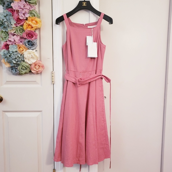 Anthropologie x Gal Meets Glam Dress Midi Linen Square Neck Ruth Swing Pink Belt - Picture 4 of 9